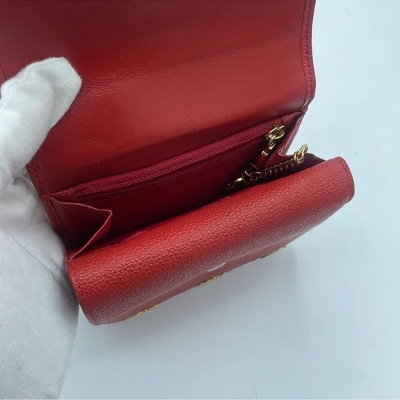 MCM Red Pebbled Leather Tri-Fold Wallet w/ Gold Hardware & Logo Charm